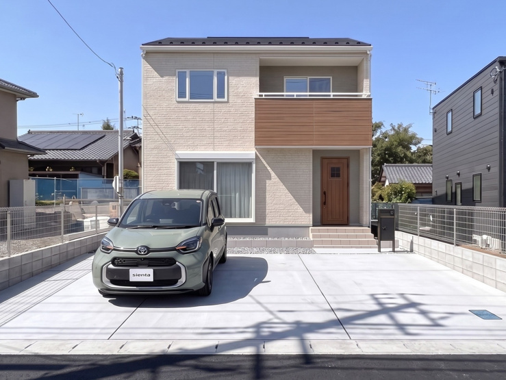 【２号棟　外観】外観は白を基調にブラウンをアクセントとした温かみのある印象。「セルフクリーニング機能」付きの外壁材を使用している為、常にきれいな外観を維持します♪（※完成イメージ画像）