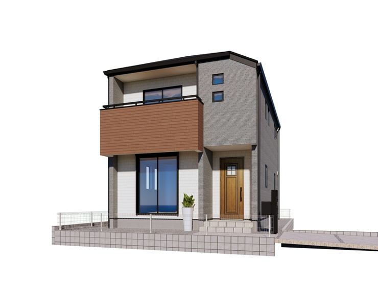上尾市錦町５号棟　完成イメージ　水平方向を基調に、細長いピースを組み合わせた小端積柄。いつまでも飽きの来ない住宅外観を実現します。
