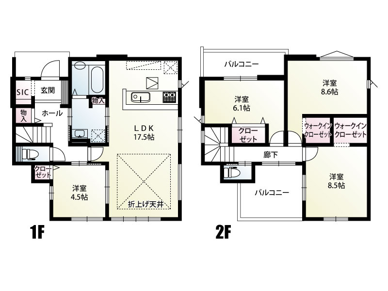 17.5帖のゆとりあるLDKを中心とした4LDKの住まい。1階には4.5帖の洋室を配置し、客間や居室など多目的に活用できます。家族が集う広々としたLDKと使い勝手の良い間取りが魅力です。