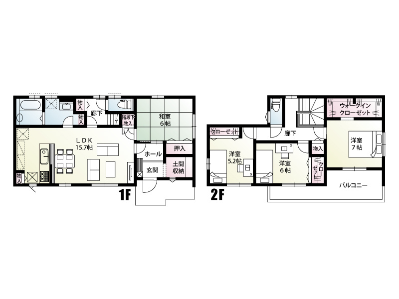10号棟　建物面積107.64㎡（32.56坪）LDKは開放的な15.7帖で、隣接する6帖の和室と合わせるとより広々とした空間に。玄関の土間収納や各居室の収納、主寝室のWICなど収納力も充実の間取り！