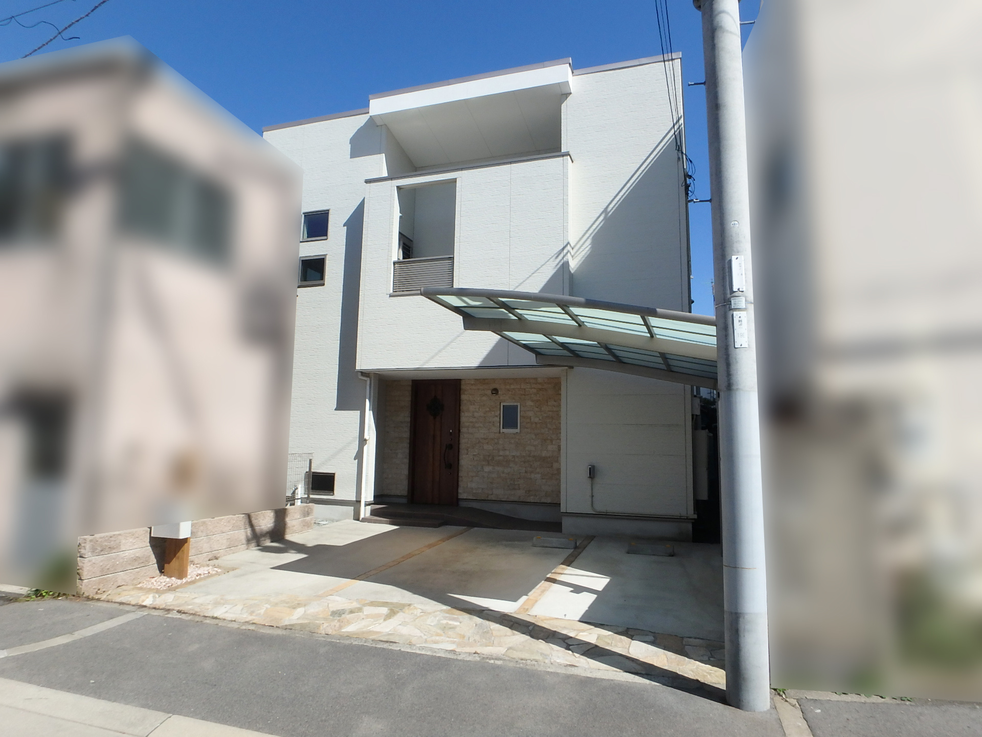 西難波町五丁目戸建の外観|2016年4月築の借地権付き中古戸建です。西・北の二方の道路に面し、開放感がございます。

