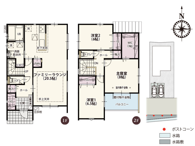 前橋市箱田町8期　新築住宅全3棟の間取り|■2号棟　建坪32.56坪　敷地50.44坪　廊下収納　パントリー　WIC　全居室2面採光■