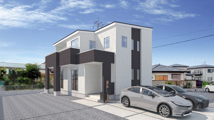 《1号棟　外観　完成イメージ》※こちらは現地写真に合成したイメージです。