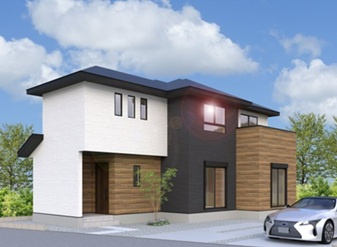 前橋市朝日町第1期　新築住宅全1棟の外観パース|外壁が周囲の街並みと青空に生えるお洒落な仕上がり！周囲には高い建物のないエリア。青い空が大きく感じますね。