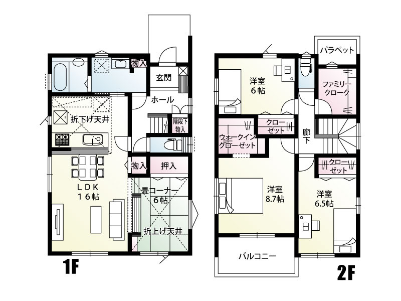 【6号棟:間取図】16帖LDK＋畳コーナー、ファミリークロークや階段下収納など収納も充実の間取り。回遊動線と玄関近くの洗面室が、忙しい毎日の家事を快適にサポートします。