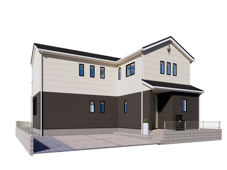 行田市棚田町１丁目　１区画　完成イメージ　ツートーンカラーの外壁でシンプルでナチュラルな外観。三連窓の上にある妻飾りがアクセントとなりオシャレな印象のデザインとなっております。