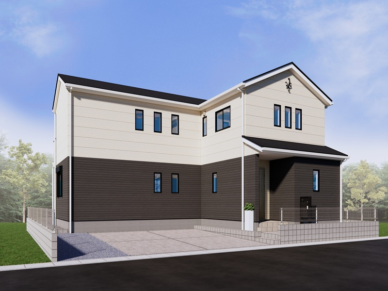 行田市棚田町１丁目１区画　完成イメージ　ツートーンカラーの外壁でシンプルでナチュラルな外観。三連窓の上にある妻飾りがアクセントとなりオシャレな印象のデザインとなっております。