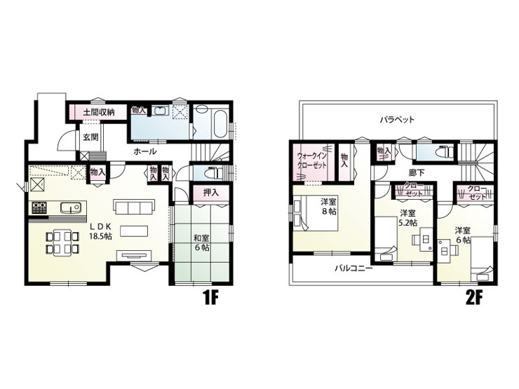 幸手市千塚（全2区画）1号棟　間取図　LDK18.5帖のゆとりある空間に、和室6帖を隣接。家族が集まりやすく、家事動線にも配慮した暮らしやすい間取り。豊富な収納で家族それぞれの快適な生活を実現します。