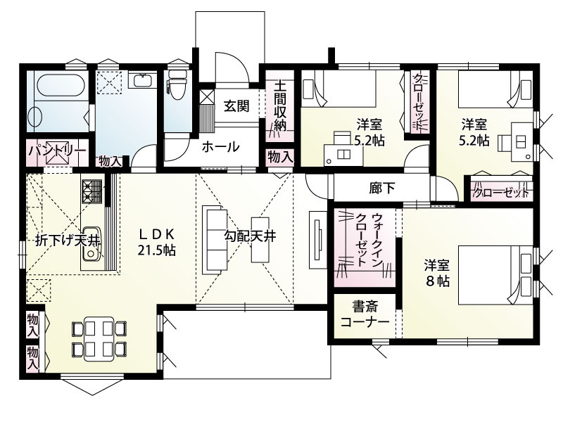 【東方町１丁目　間取図】建売物件にはめずらしい、20帖以上のLDKを採用！友人やご家族が大勢遊びに来ても、圧迫感なく寛ぐことが出来る空間です♪