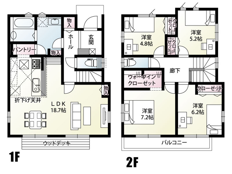 【2号棟：間取図】ホールから洗面室に行けるのが嬉しい間取り。リビングから広いウッドデッキにも出られ、更に開放感を得られます。2階に4部屋の４LDKです。