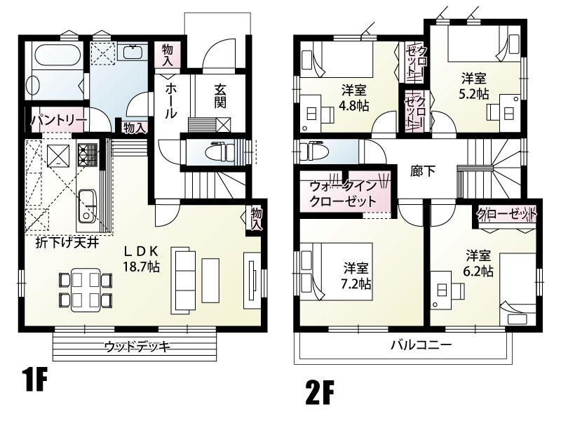 【2号棟：間取図】ホールから洗面室に行けるのが嬉しい間取り。リビングから広いウッドデッキにも出られ、更に開放感を得られます。2階に4部屋の４LDKです。