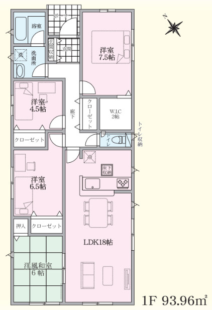上田市上塩尻第２　新築住宅全５棟の間取り|■建坪28.42坪　敷地68.50坪 　平屋　WIC　LDK１８帖■