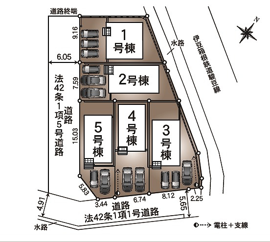 クレイドルガーデン　三島市中第3　全5棟の区画図|各棟2台以上駐車可能スペースあり