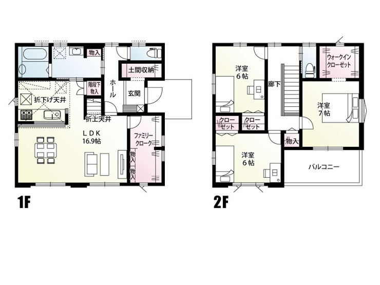 【1号棟:間取図】玄関ホールからLDK、キッチン、洗面室へとスムーズにつながる設計。ぐるりとまわれて、家の中を効率よく移動できる暮らしやすい間取り。家族みんなが快適に過ごせる住まいです。