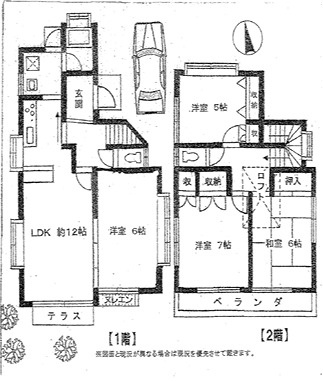 鎌ケ谷９丁目戸建ての間取り|１階LDK約１２．０帖、洋室６．０帖、２階洋室７．０帖、和室６．０帖、洋室５．０帖、ロフトあり、南向きバルコニー
