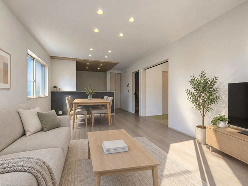 【2号棟・LDK(※インテリアはCGによる合成です)】
この画像は実際の室内写真にインテリアをCGで合成したものです。実際の物件には家具は配置されておりません。