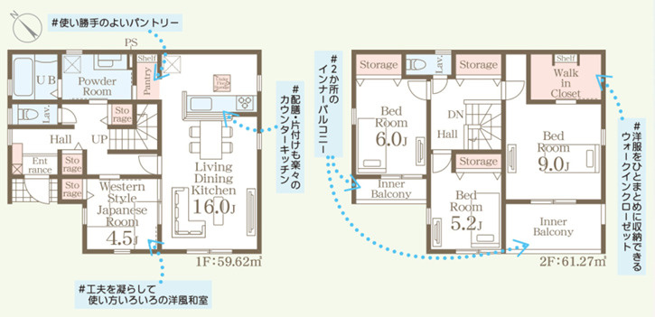 第１佐野犬伏下町　新築住宅全３棟の間取り|■建坪36.56坪　敷地74.36坪 　WIC　インナーバルコニー　パントリー　主寝室９帖■