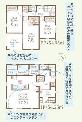下野市緑６丁目の新築一戸建の間取り|■建坪33.06坪　敷地75.37坪　全居室南向き　全居室６帖以上　インナーバルコニー　洗面脱衣所別■