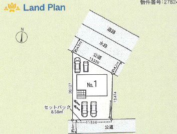 足利市福居町の新築一戸建の区画図|東武和泉駅まで徒歩約１０分！南北二面道路で各方面２台ずつ、計４台駐車可能です♪
