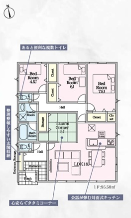 前橋市富士見町時沢第11　新築住宅全4棟の間取り|■建坪28.91坪　敷地80.79坪　畳コーナー　全居室収納付き　平屋建て■