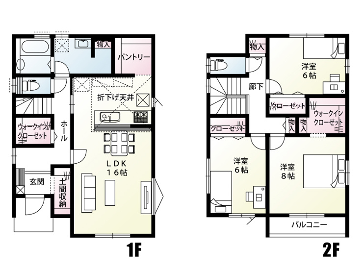 【坂戸市片柳2号棟 間取り】土間収納・WIC・パントリーはもちろん、収納は各居室に完備しておりますのでお部屋がすっきり片付きます。