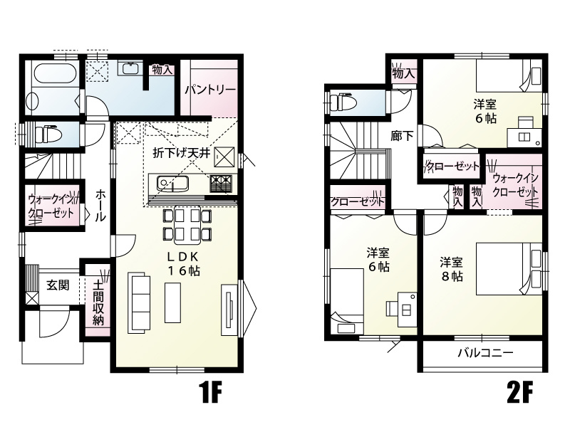 【坂戸市片柳2号棟 間取り】土間収納・WIC・パントリーはもちろん、収納は各居室に完備しておりますのでお部屋がすっきり片付きます。