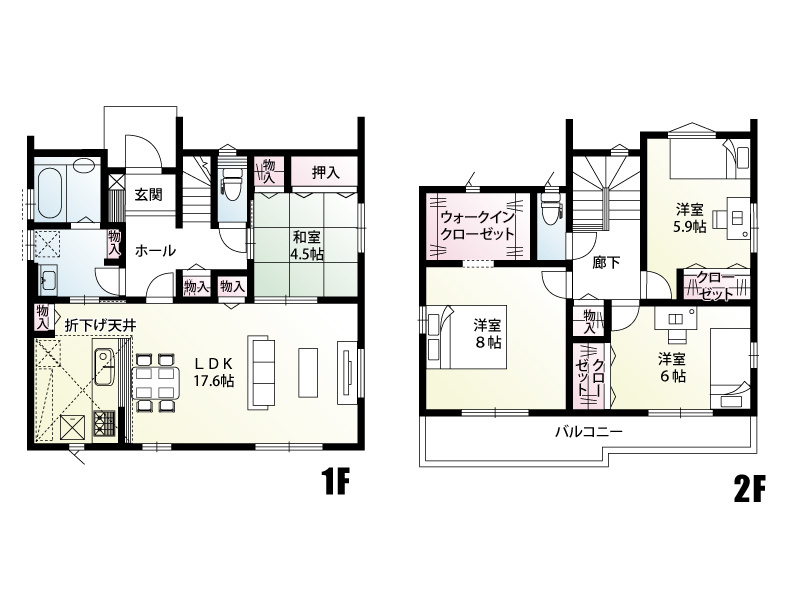 【2号棟：間取り図】キッチンの折下げ天井がおしゃれなアクセントになる17.6帖の伸びやかなLDK。隣接する4.5帖の和室を開放すれば、さらに広がりのある大空間として活用できます。