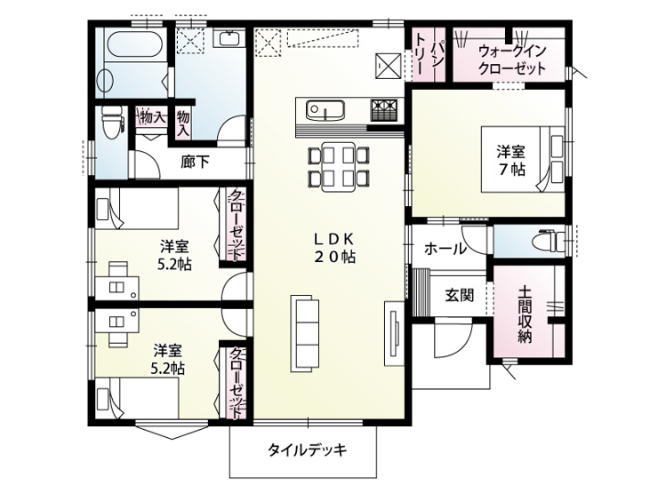 【3号棟：間取り図】開放感あふれる20帖の大空間LDKと、リビングから繋がるタイルデッキが魅力。家族が集い、明るい光を感じながら心地よく過ごせる平屋間取りです。