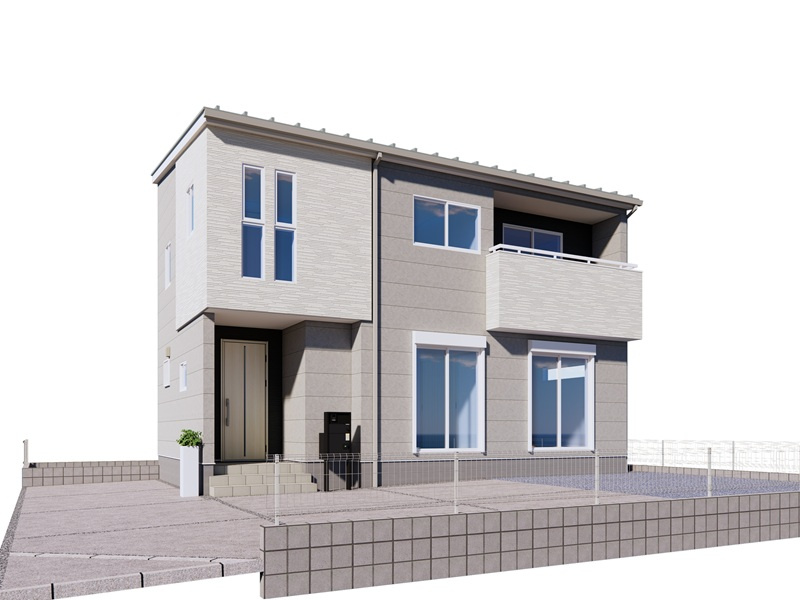 行田市桜町2丁目７区画　７号棟　完成イメージ　ホワイト×グレーで統一した、シンプルで明るい印象のデザイン。ホワイト窓サッシのアクセントがお洒落な外観となっております。
