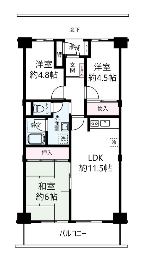 ファミール南常盤平８階の間取り|LDK１１．５帖、和室６．０帖、洋室４．８帖、４．５帖