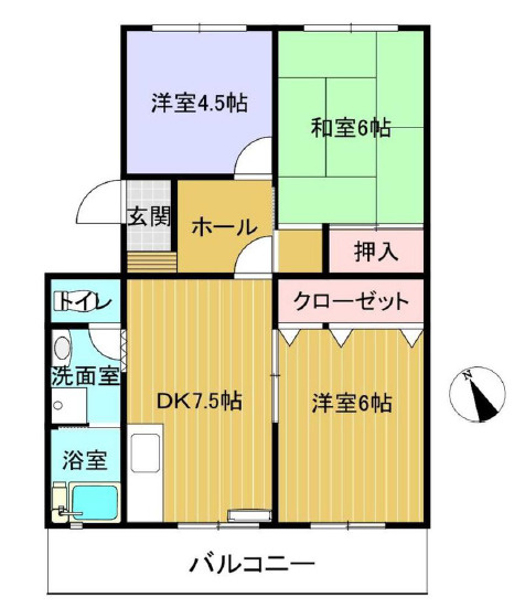 天王台ファミールハイツ２号棟の間取り|DK７．５帖、洋室６帖、洋室４．５帖、和室６帖　室内リフォーム済み！