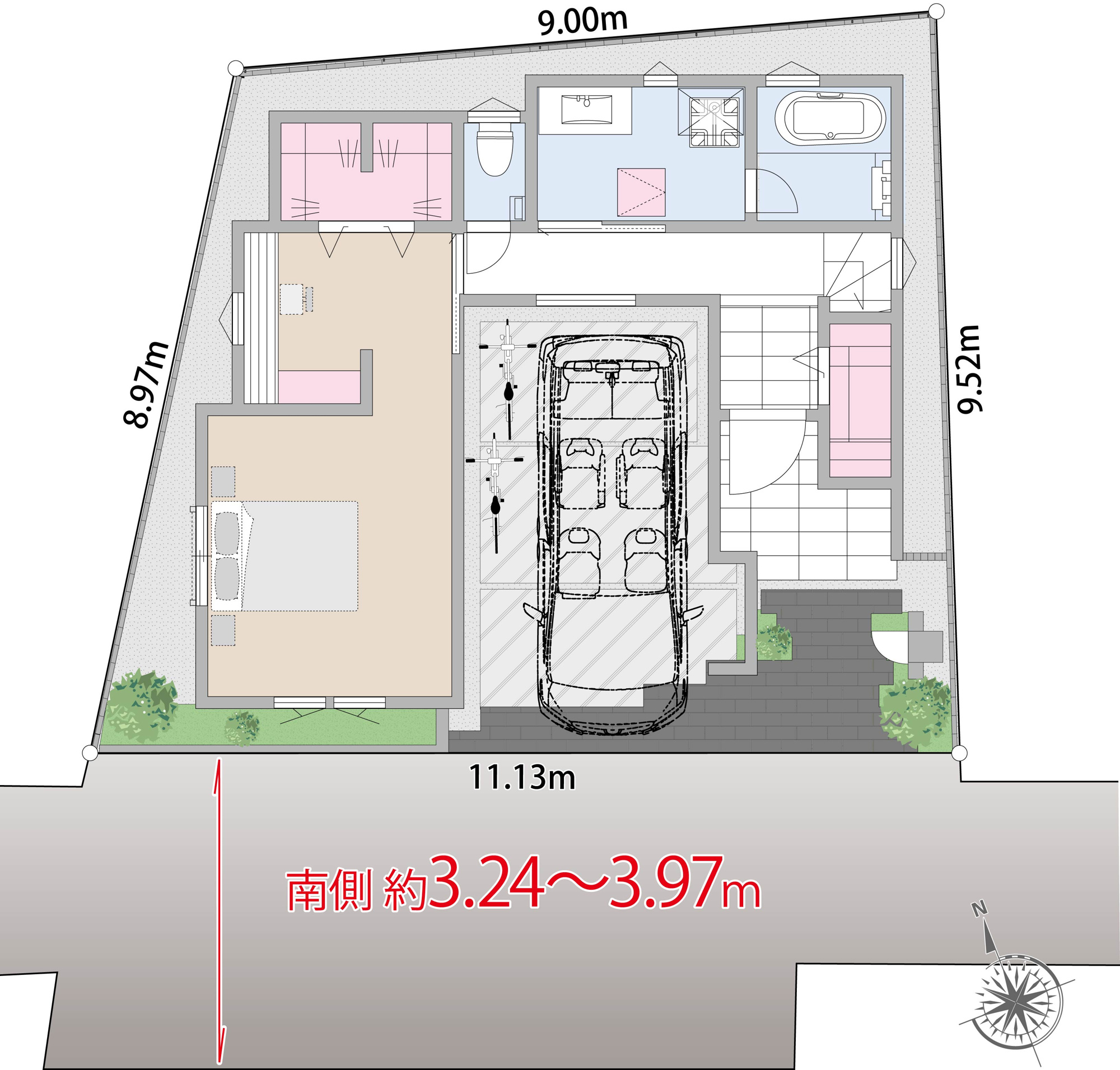 新築分譲［ミラクラス弥生町Ⅲ］の区画図|有効宅地面積91.75㎡（27.75坪）・南道路面・間口11m超