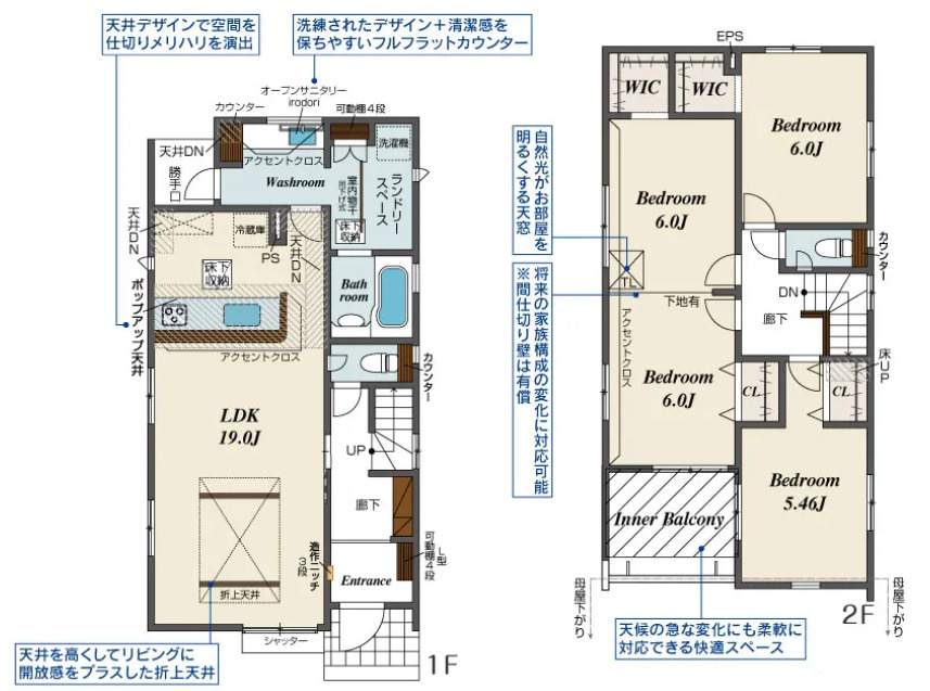 宇都宮市清原台３丁目　新築住宅全３棟の間取り|◇土地57.68坪　建物32.37坪　折り上げ天井　広々洗面所　ランドリースペース　WIC２つ　４部屋化可能◇