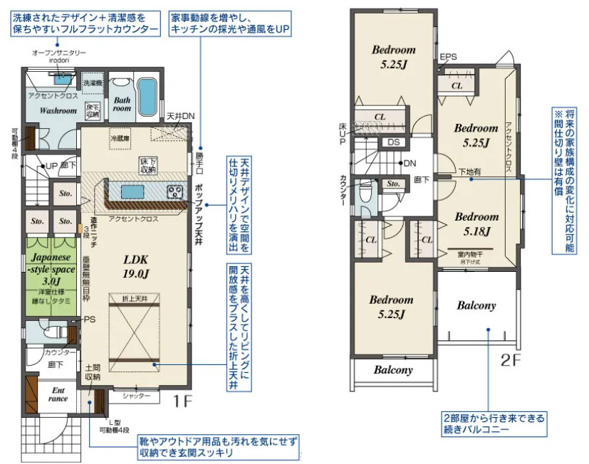 宇都宮市清原台３丁目　新築住宅全３棟の間取り|◇土地69.3坪　建物32.53坪　折り上げ天井　広々洗面所　ダブルバルコニー　４部屋化可能◇