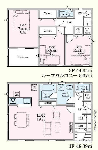 宇都宮市若草５丁目の新築一戸建の間取り|■建坪28.05坪　敷地49.91坪　全居室南向き　廊下収納　ルーフバルコニー■