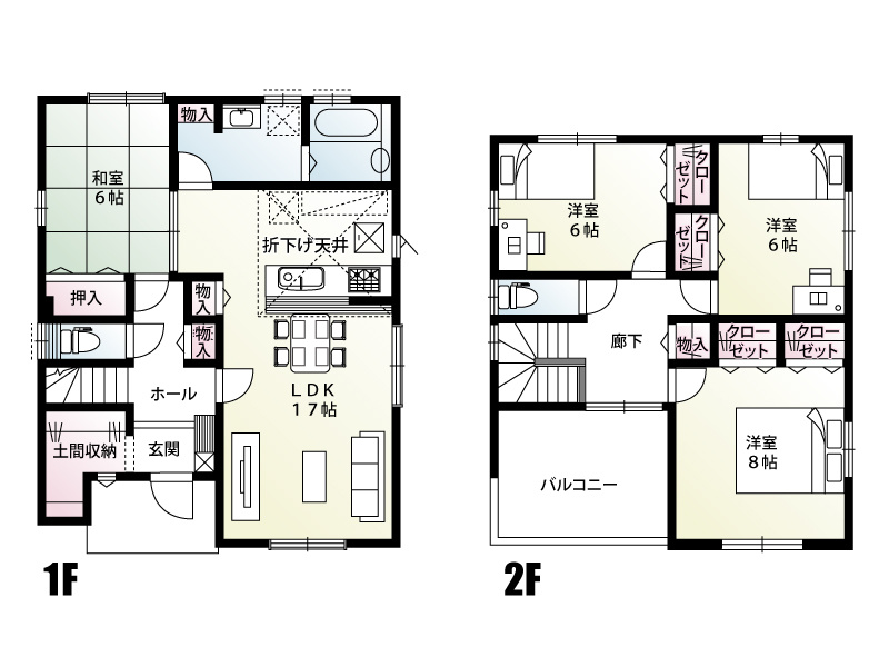 【千代田町舞木全3区画　3号棟　間取図】
4LDK2階建の物件です。大容量の土間収納とお布団とお洗濯物を同時に思い切り干せるワイドバルコニーが特徴です。また水回りがまとまった家事ラク動線も嬉しいですね
