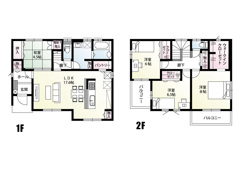 行田市桜町2丁目７区画　６号棟　間取り　17.6帖の広いLDKを中心とした間取り。階段下収納やパントリーなど収納が多いプランを採用しました♪